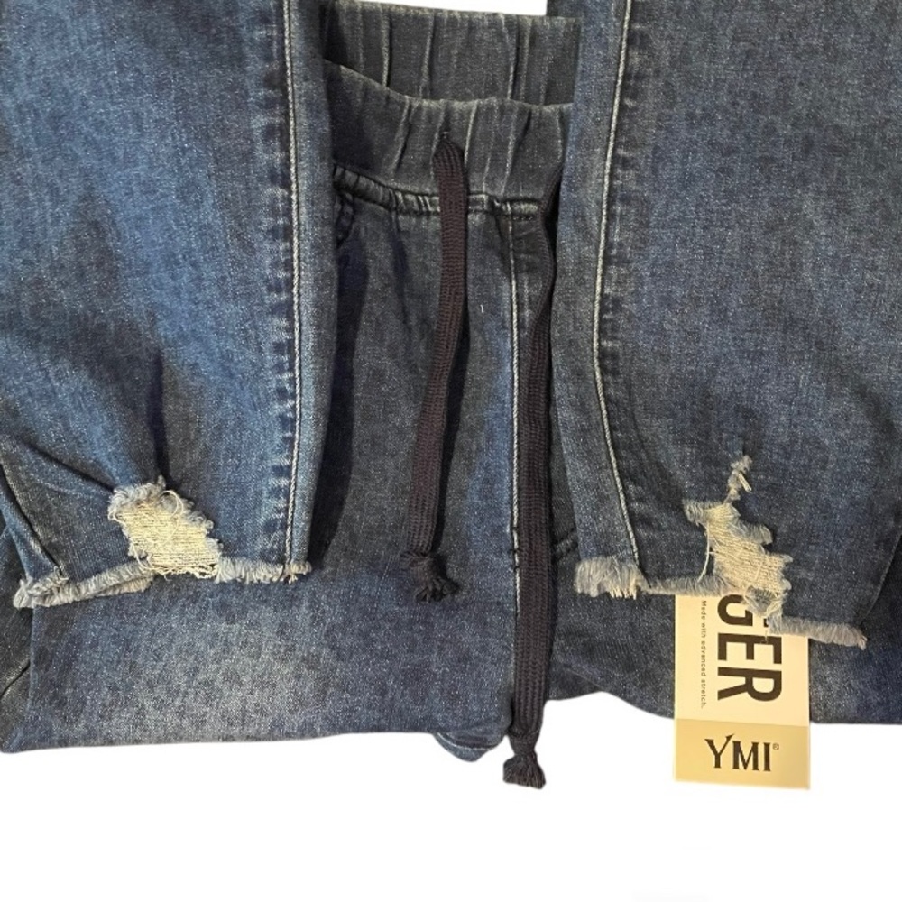 Denim Joggers High Rise Indigo Leopard Frayed Hem Drawstring Waist Size Medium - Picture 7 of 16